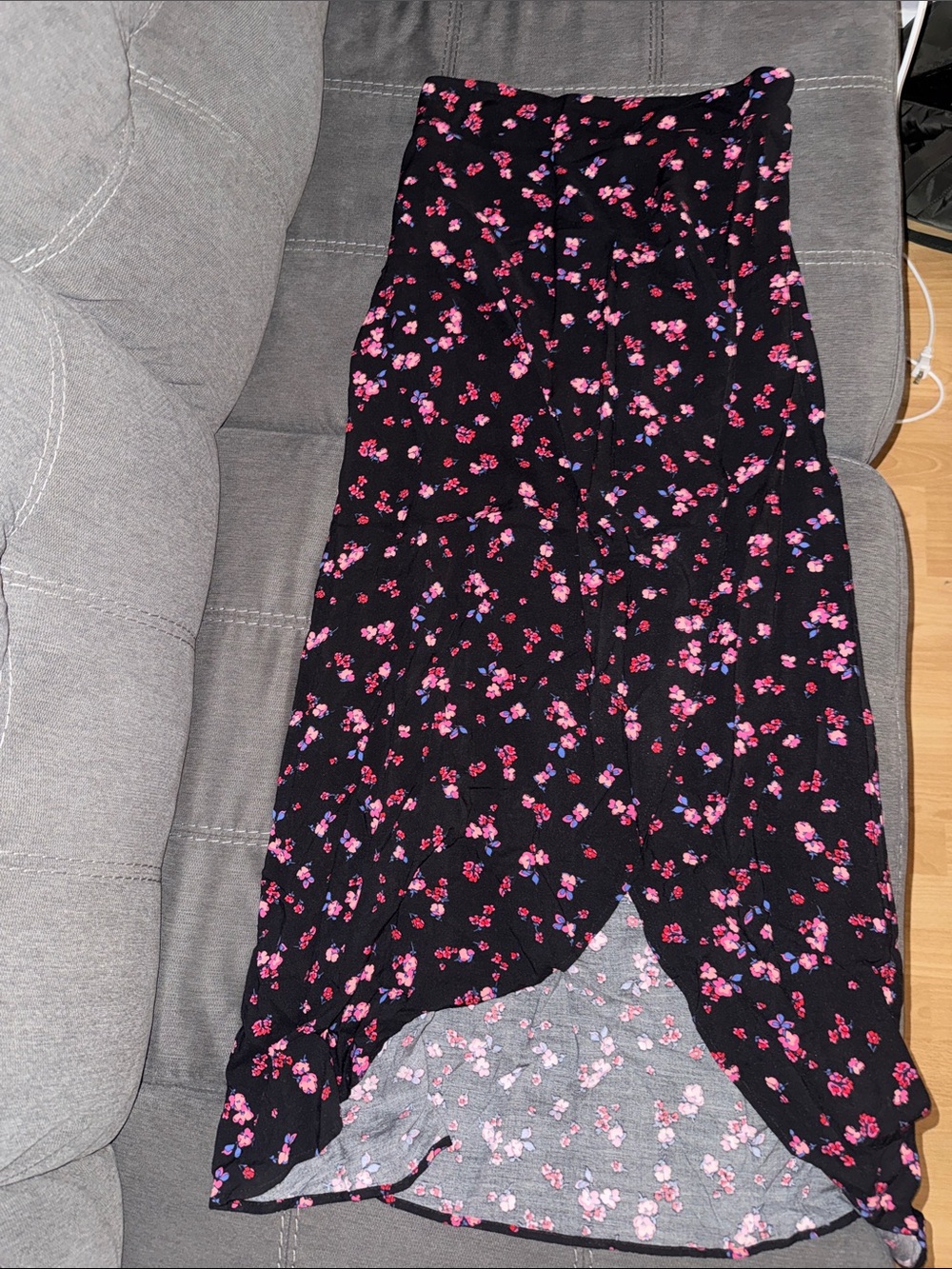 Express Black High-Low Skirt with Pink and Purple Floral Print